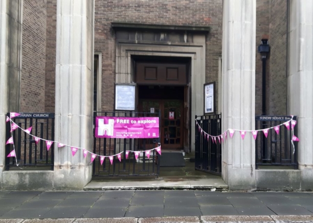 The front of the church building decorated with Heritage Open Days banners