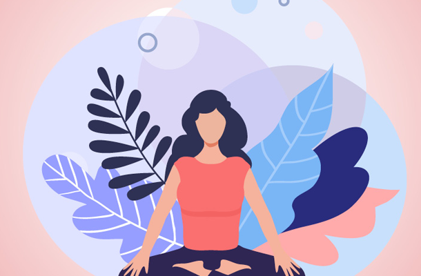 A drawing of a woman in a pink t-shirt and blue leggings meditating