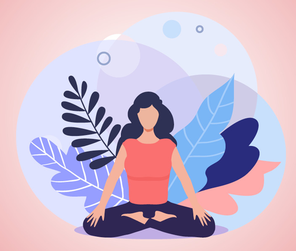 A drawing of a woman in a pink t-shirt and blue leggings meditating