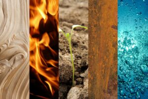 Photo depicting the five elements: wood, fire, earth, metal and water