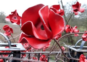 A metal red poppy sculpture silhouetted against the sky
